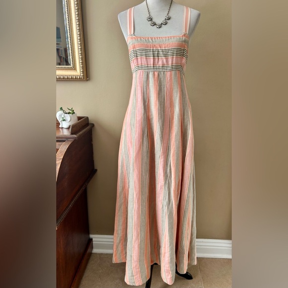 Anthropologie Maeve Square-Neck Tie-Back Maxi Dress Pink Stripe Linen Size 6 - Picture 2 of 16